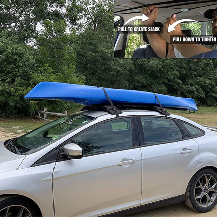 Car with a blue kayak on the roof, set against a natural background.