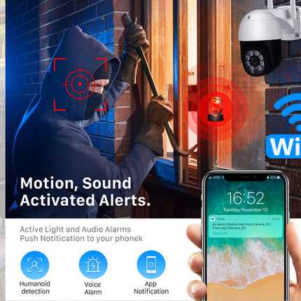 Security camera system with smartphone app, motion detection, and Wi-Fi connectivity.