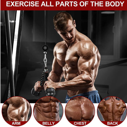 A muscular man in a gym performing a cable pull-down exercise, with a red banner at the top reading 'EXERCISE ALL PARTS OF THE BODY' and four circular inset close-ups at the bottom highlighting arm, belly, chest, and back muscle groups.