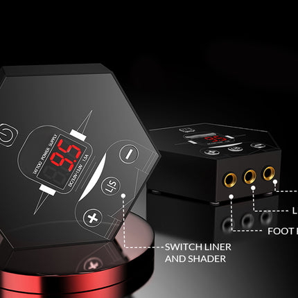 Black and red electronic device with digital display and labeled components on a black background