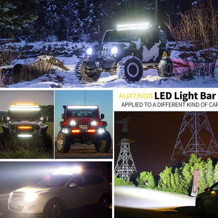 Collage of vehicles with LED light bars in various settings, including a snowy landscape and night scenes.