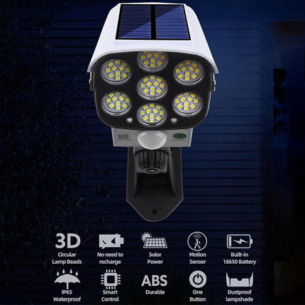 Solar-powered security camera with LED lights on a dark background