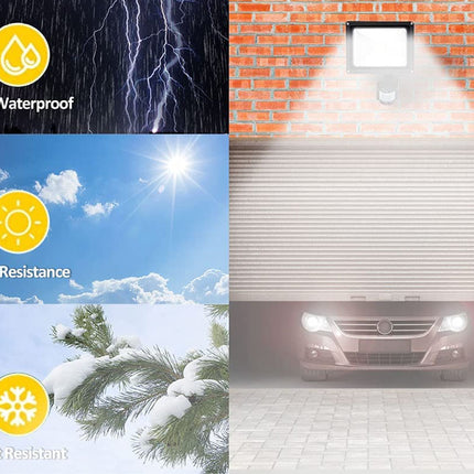 Collage of a waterproof light with weather resistance features on a brick wall, sun, snow, and car backgrounds.