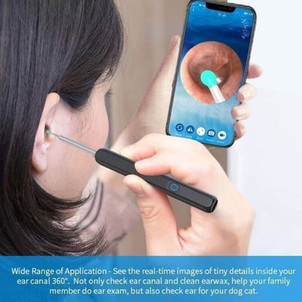 Person using ear cleaning tool with smartphone app for ear inspection.