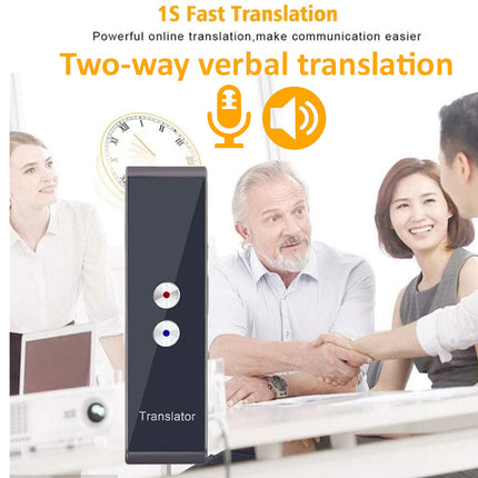 A black two-way verbal translation device shown in front of a blurred office scene with people shaking hands. The image includes promotional text reading '15 Fast Translation' and 'Two-way verbal translation' with microphone and speaker icons.