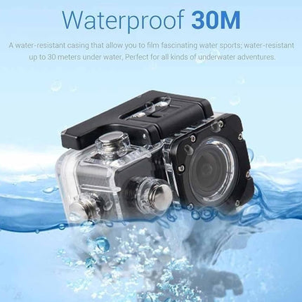Waterproof camera with water resistance up to 30 meters, submerged in water.