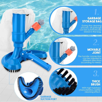 Pool cleaning tool with features highlighted on a blue background