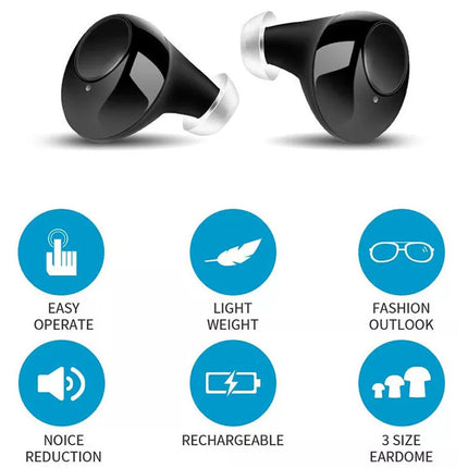 Black wireless earbuds with feature icons on a white background
