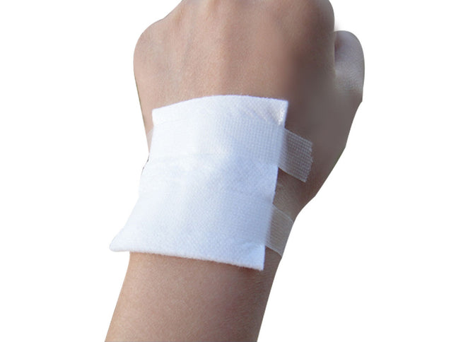 Hand with a white bandage on a white background