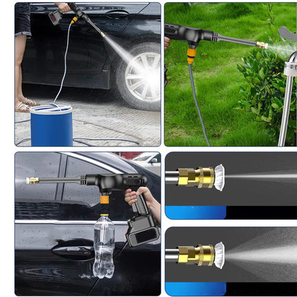 Collage of a pressure washer being used on a car and for gardening, with close-ups of nozzles.