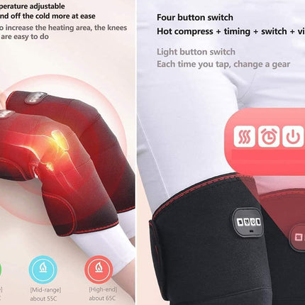 A split promotional graphic showing a knee and thigh heating pad being worn. The left side shows a person's hand adjusting the knee warmer, with text about three temperature settings and a glowing heat graphic.