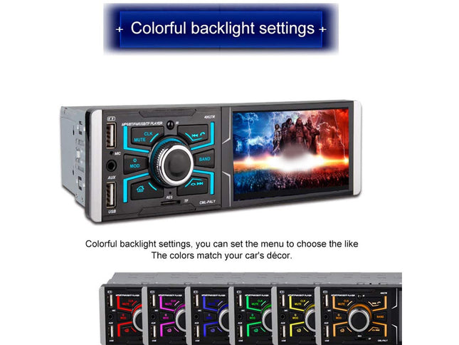 Car multimedia player with colorful backlight settings displayed on a white background.