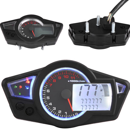 Black motorcycle dashboard instrument cluster with analog tachometer and digital display, shown in front and back views on a white background.