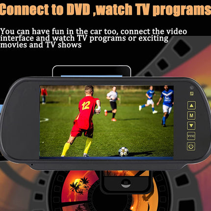 Car multimedia player displaying a soccer game on a screen with text about connecting to DVD and TV programs.