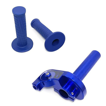 Blue motorcycle handlebar grips and stem on a white background