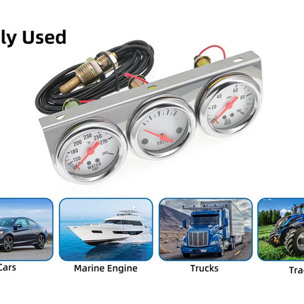 Triple gauge panel with temperature, oil pressure, and voltage indicators, used in cars, marine engines, trucks, and tractors.