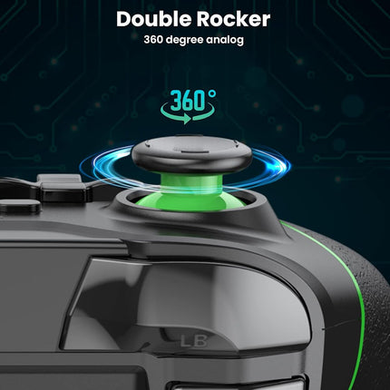 Gaming controller with double rocker design on a dark background
