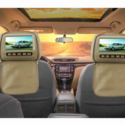 Two beige car seat backrest covers with built-in screen displays mounted on the front seats inside a car cabin.
