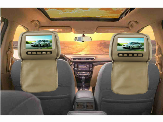 Two beige car seat backrest covers with built-in screen displays mounted on the front seats inside a car cabin.
