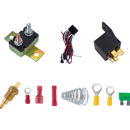 Collection of electrical components including relays, connectors, and springs on a white background