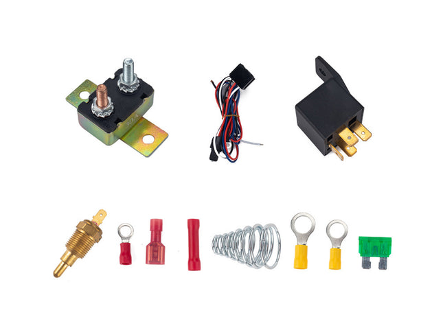Collection of electrical components including relays, connectors, and springs on a white background