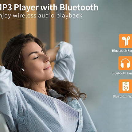 Woman relaxing with Bluetooth earbuds, surrounded by icons for Bluetooth earbuds, headsets, and speaker.