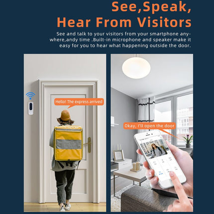 Promotional graphic for a smart door entry/intercom system with text reading 'See, Speak, Hear From Visitors.' The left panel shows a delivery person standing at a door with a message bubble saying 'Hello! The express arrived.