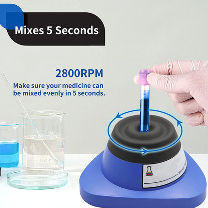 Laboratory stirrer with a hand holding a test tube, showing a 5-second mixing time and 2800 RPM.