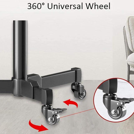 Black metal rolling base with four caster wheels and text reading '360° Universal Wheel,' plus red arrows and a circular inset showing the wheel mechanism.