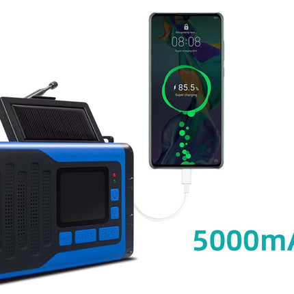 A portable power station with a blue and black rugged design, shown alongside a smartphone displaying a 85.5% battery level and a white charging cable.