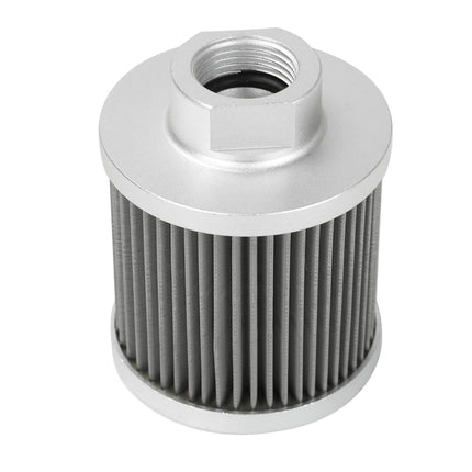 A cylindrical metal filter cartridge with a ribbed gray pleated body and a silver aluminum top and bottom caps, shown on a plain white background.