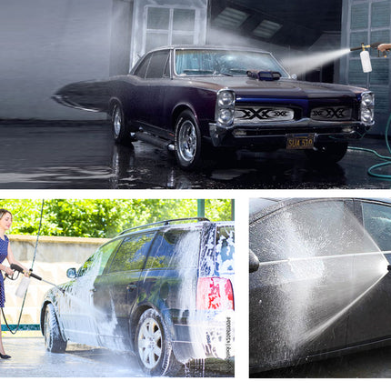 Collage of people washing cars with a focus on a classic car being cleaned.