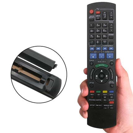 Black remote control held by a hand with close-up of battery compartment on a white background