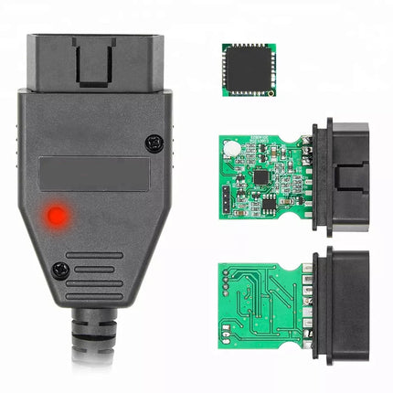 Car diagnostic tool with OBD2 connector and electronic components on a white background