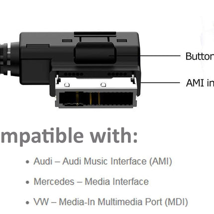 Black cable with AMI interface labeled, compatible with Audi, Mercedes, and VW systems.