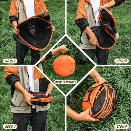 A four-panel collage showing a person outdoors on grass demonstrating how to unfold and set up an orange and black backpack or gear bag, with text labels step1 through step4 and a center panel reading 'easy to install'.