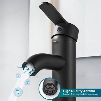 Black faucet with water flow and high quality aerator label on a white background