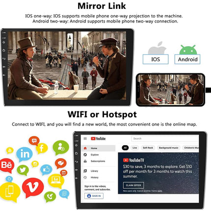 Display of a device with mirror link and WiFi/hotspot features, showing video projection and app icons.