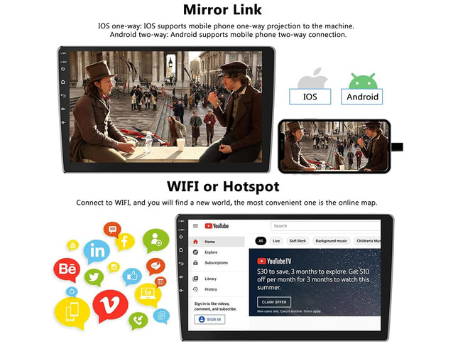 Display of a device with mirror link and WiFi/hotspot features, showing video projection and app icons.