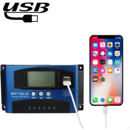 Solar charge controller with USB cable connected to a smartphone on a white background