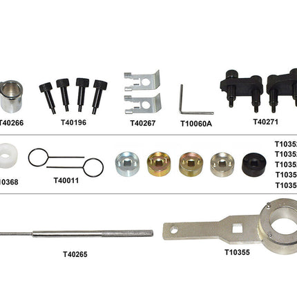 A parts kit laid out on a white background with labeled components and part numbers, including black hardware, silver and gold metal pieces, and a long silver rod.