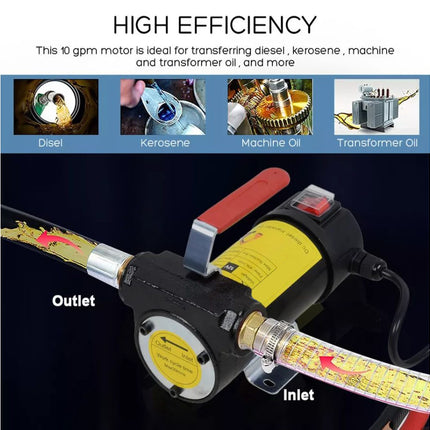 Oil transfer pump with high efficiency text and images of different oils.