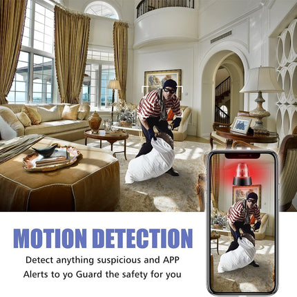 Living room with a person in a striped shirt and mask, and a smartphone displaying motion detection app.