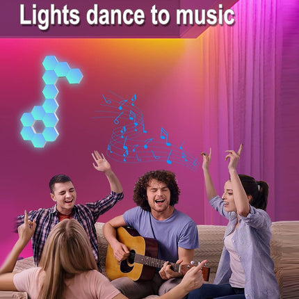 Four people sitting on a couch in a living room, playing music and dancing under a pink and purple LED wall light display. A text banner at the top reads 'Lights dance to music'.