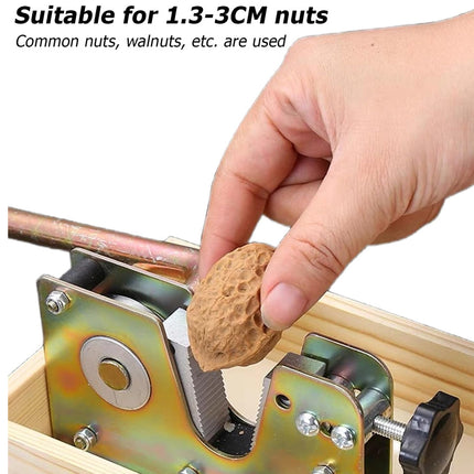 Hand using a nutcracker to open a walnut with text indicating suitability for nuts between 1.3-3cm.