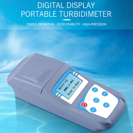 Digital display portable turbidimeter with a blue water background