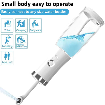 A white and clear handheld water bottle flushing device with blue water inside, shown on a white background with marketing text and six usage icons for toilet, camping, baby care, travelling, disabled person care, and public WC.