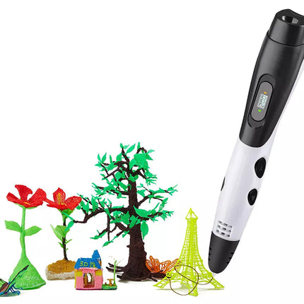 A 3D printing pen with a black and white body shown next to several colorful 3D-printed models, including flowers, a tree, a butterfly, a house, and a wireframe Eiffel Tower, on a plain white background.