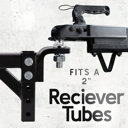 Black metal receiver tube attachment on a white background with text indicating it fits a 2-inch receiver tube.