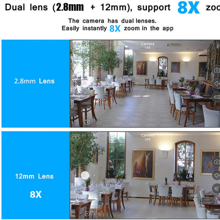 Comparison of images taken with different lens settings on a camera app, showing 2.8mm and 12mm lenses with 8x zoom.